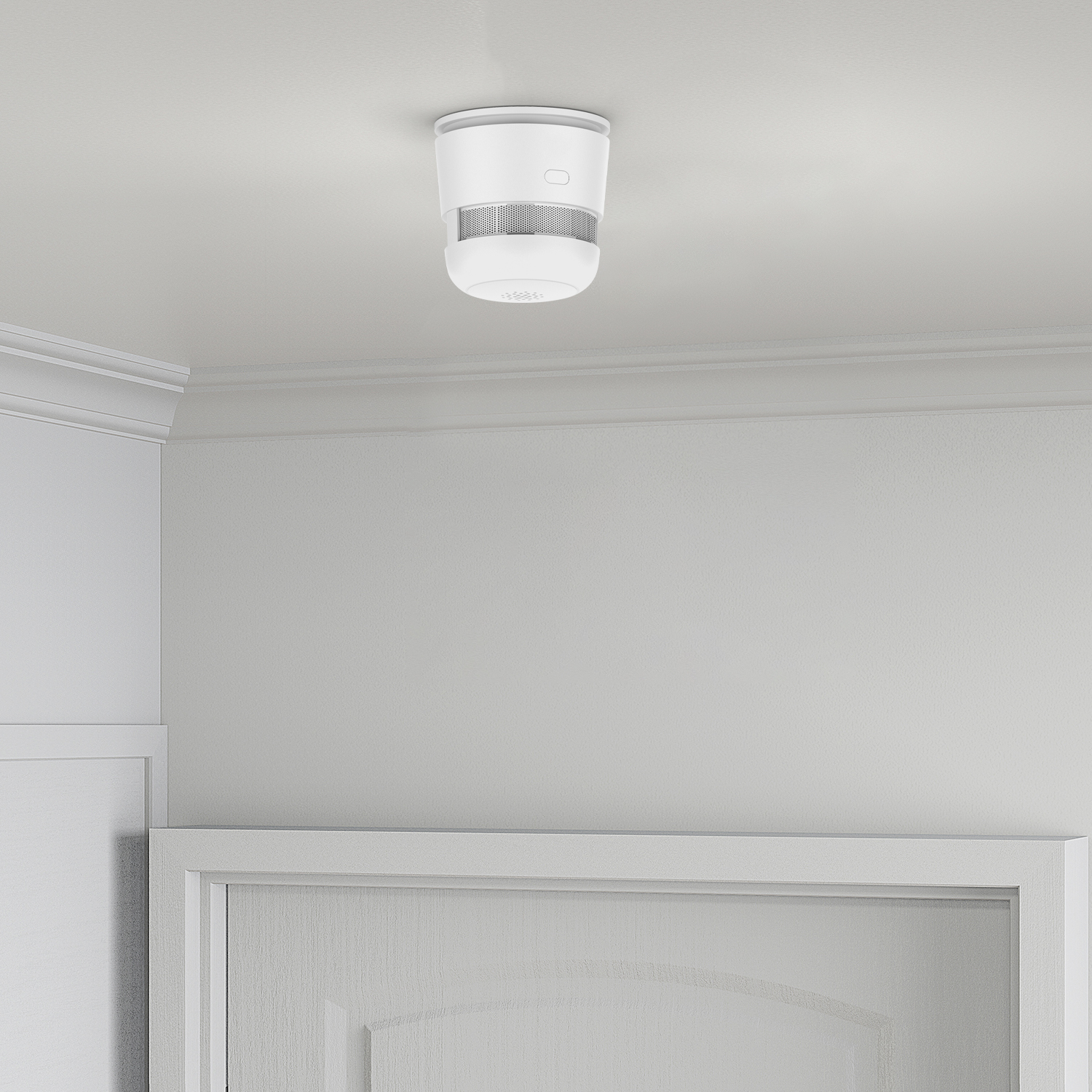Czujnik dymu zamontowany na suficie w inteligentnym domu, wykrywający zagrożenie pożarowe i wysyłający powiadomienia na smartfon w systemie smart home