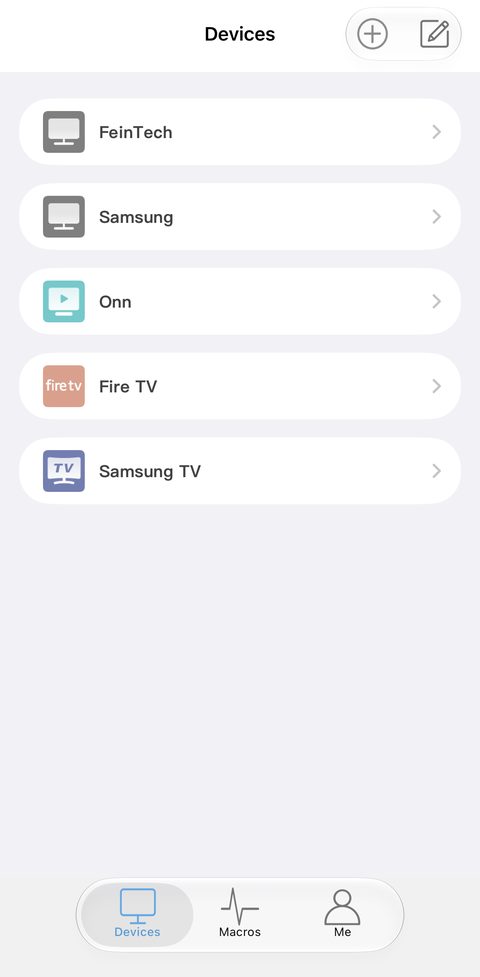 Lista urządzeń w aplikacji Sofabaton: FeinTech, Samsung, Onn, Fire TV, Samsung TV