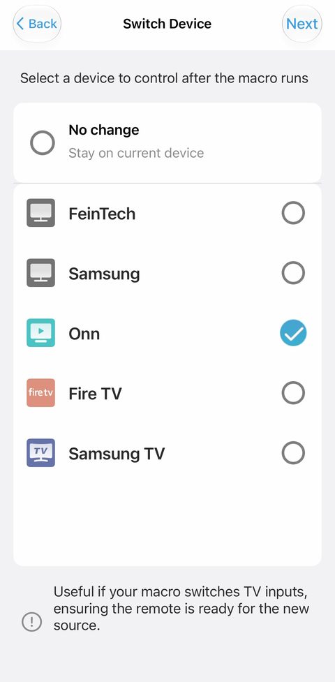 Ekran Switch Device z zaznaczonym urządzeniem Onn