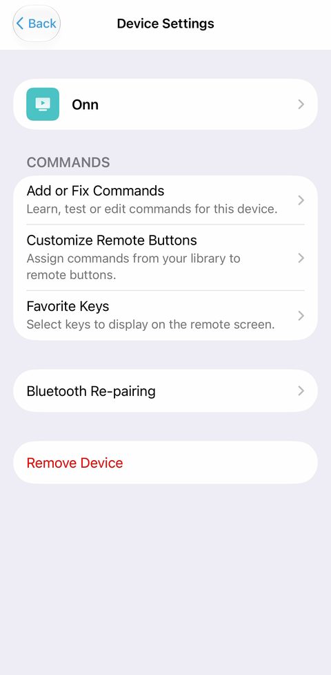 Ustawienia urządzenia Onn w aplikacji Sofabaton: Customize Remote Buttons