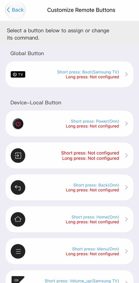 Lista przycisków urządzenia Onn: Global Button i Device-Local Button