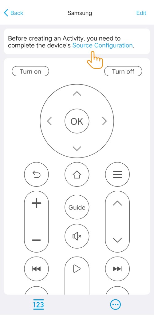 Aplikacja SofaBaton: przypomnienie i przycisk Source Configuration
