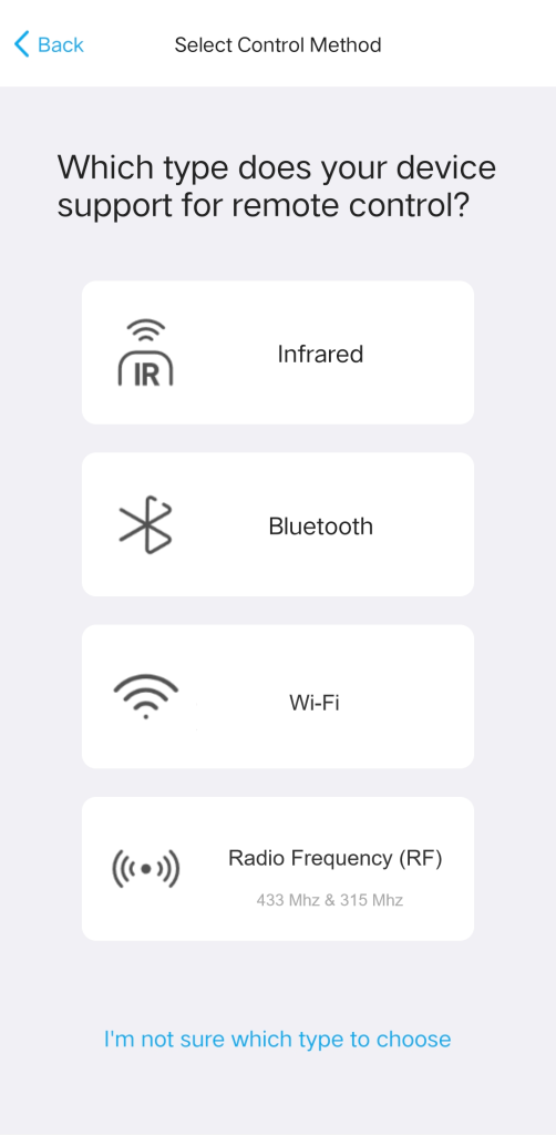 Aplikacja SofaBaton: wybór metody sterowania – Infrared, Bluetooth, Wi-Fi, RF