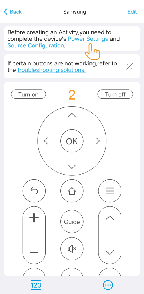 Aplikacja SofaBaton: przypomnienie i przycisk Power Settings