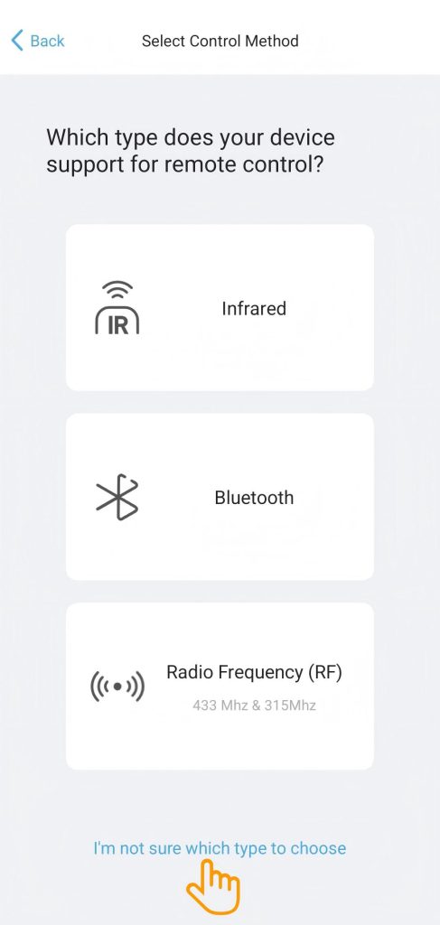 Wybór sposobu dodania urządzenia: Infrared, Bluetooth, RF Control