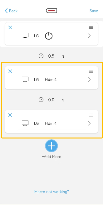 Makro z podwójnym poleceniem HDMI4 i odstępem 0 sekund