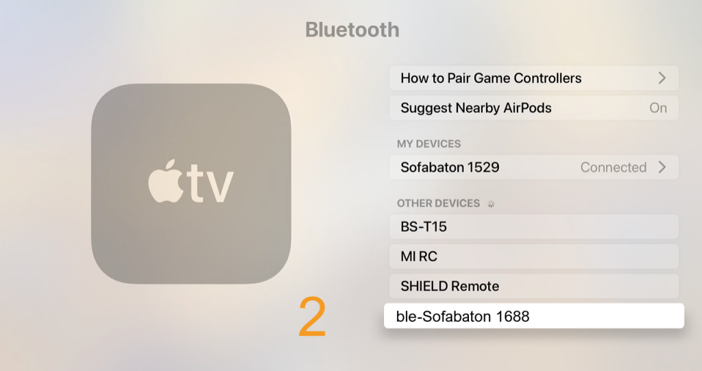 Wybór urządzenia Sofabaton na liście Bluetooth Apple TV