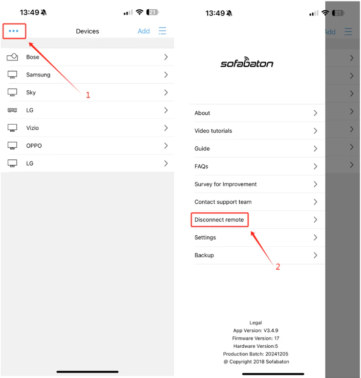 Opcja Disconnect Remote w aplikacji SofaBaton (U2)