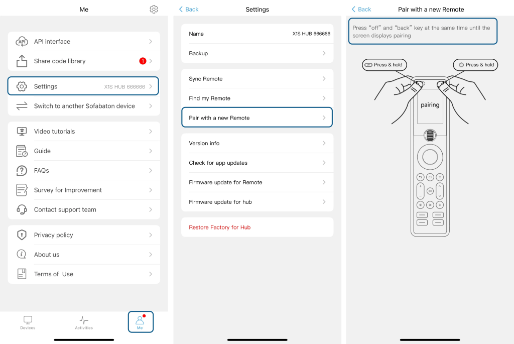Synchronizacja pilota z hubem – pilot i aplikacja