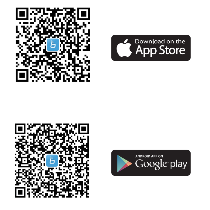Kody QR do pobrania aplikacji Sofabaton z App Store i Google Play
