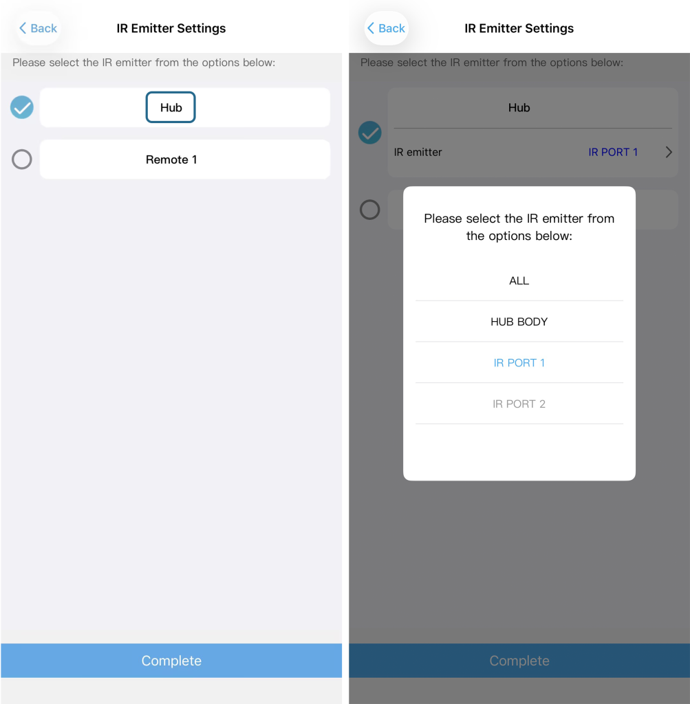 Aplikacja SofaBaton na iOS: wybór portu nadajnika IR huba