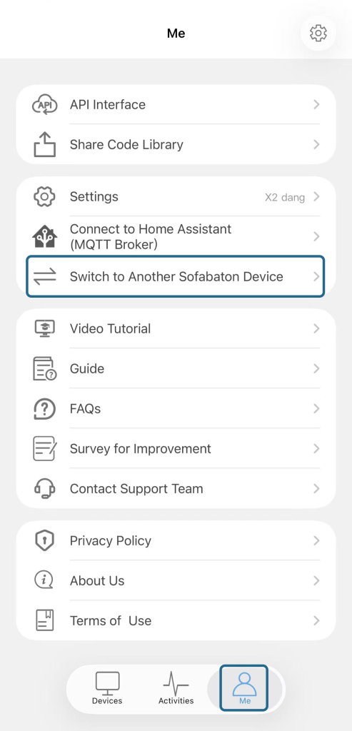 Aplikacja SofaBaton: opcja Switch to Another SB Device